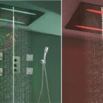 Sleek smart mirror with integrated LED light therapy and touchscreen display in a modern bathroom.