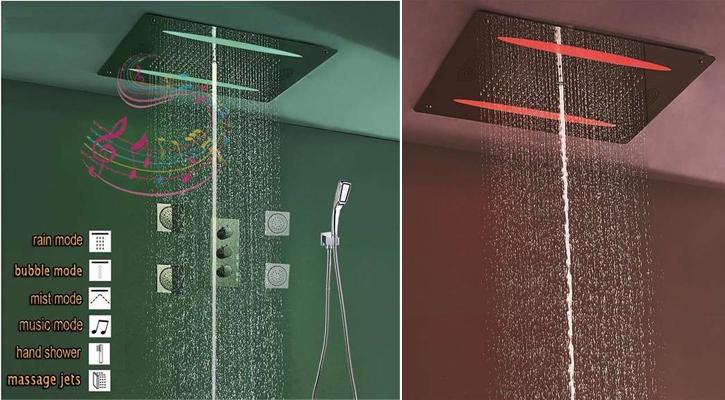 Sleek smart mirror with integrated LED light therapy and touchscreen display in a modern bathroom.